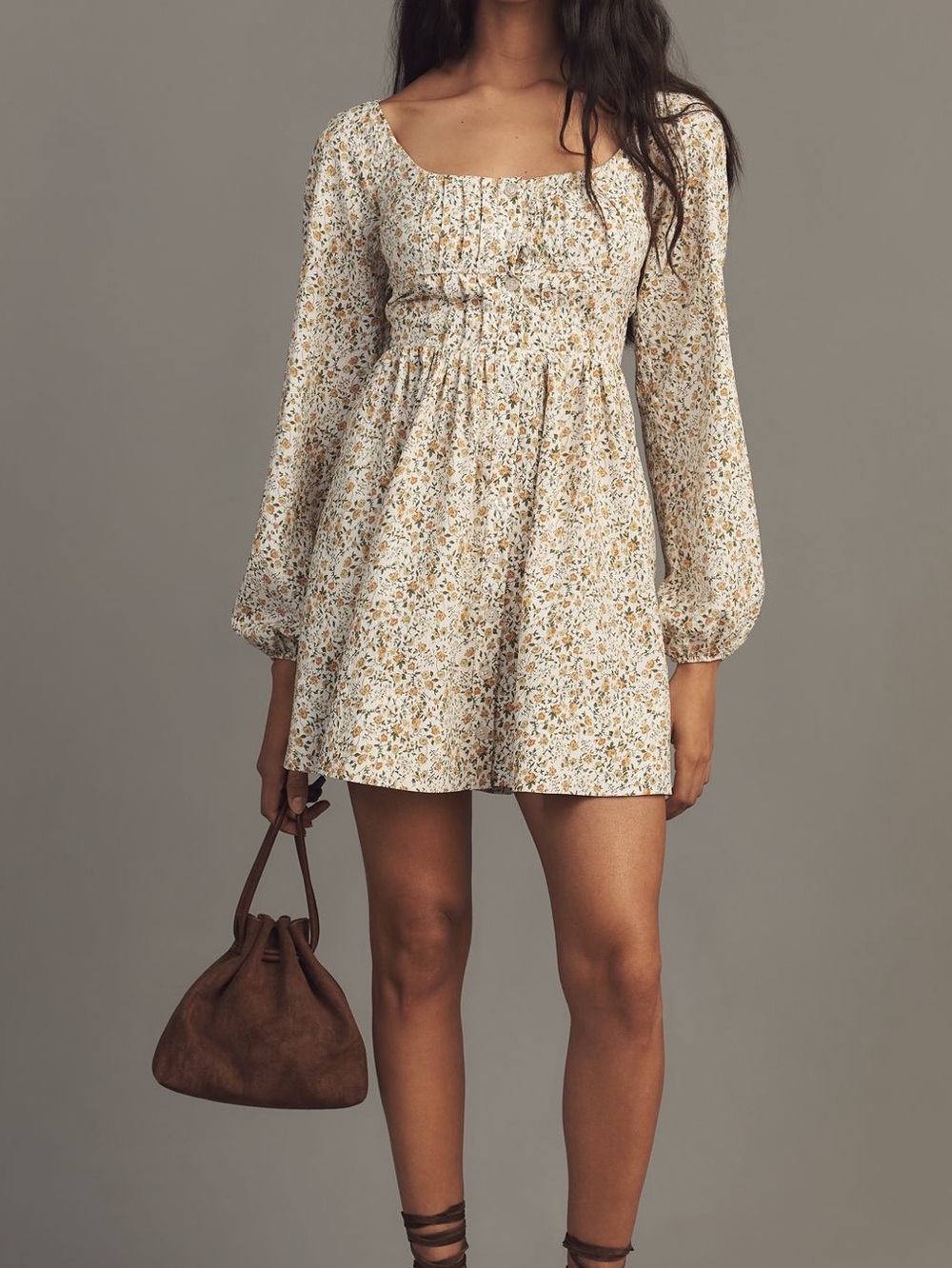 Anthropologie Long Sleeve Corset Mini Dress A-Line Tie Back New XL Yellow Floral
